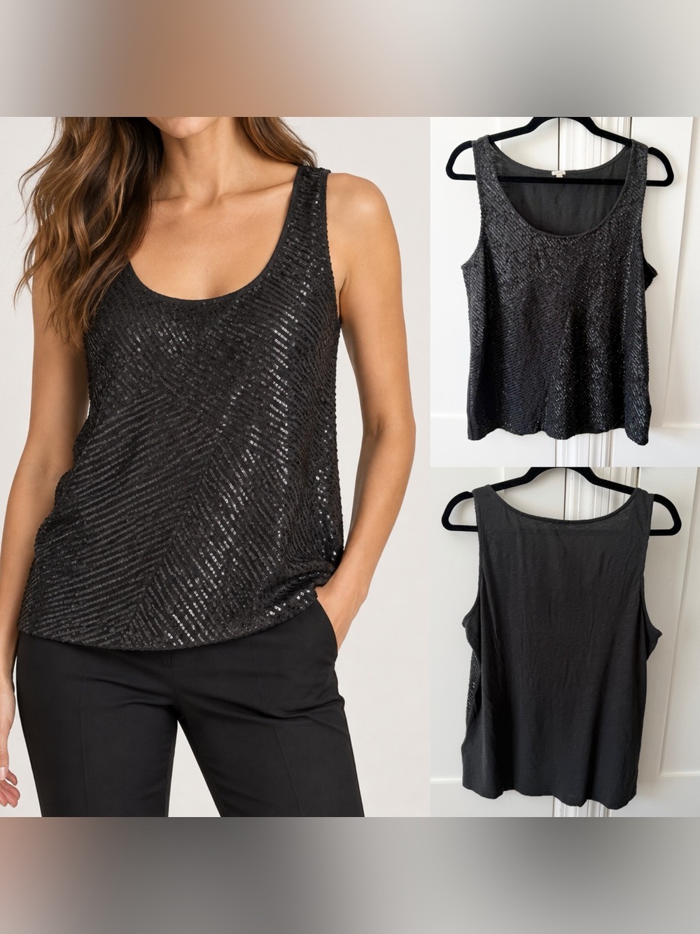 J.Crew Sequin Scoop Neck Sleeveless Tank Top Black Sz L